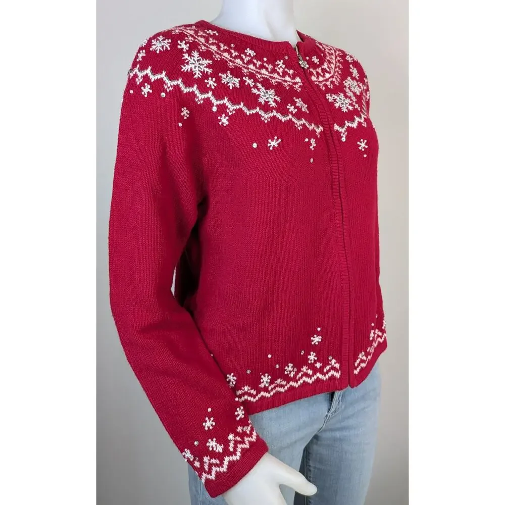 Croft & Barrow Cardigan Sweater Petite Large Red Fair Isle Snowflake Beaded NEW
